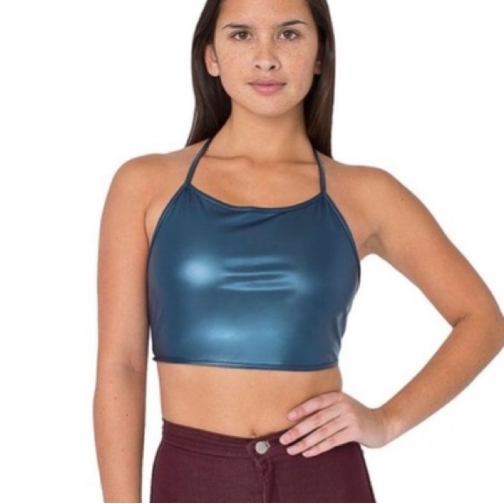 American Apparel Metallic Blue Backless Halter Crop Top